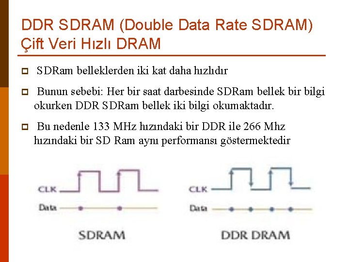DDR SDRAM (Double Data Rate SDRAM) Çift Veri Hızlı DRAM p SDRam belleklerden iki
