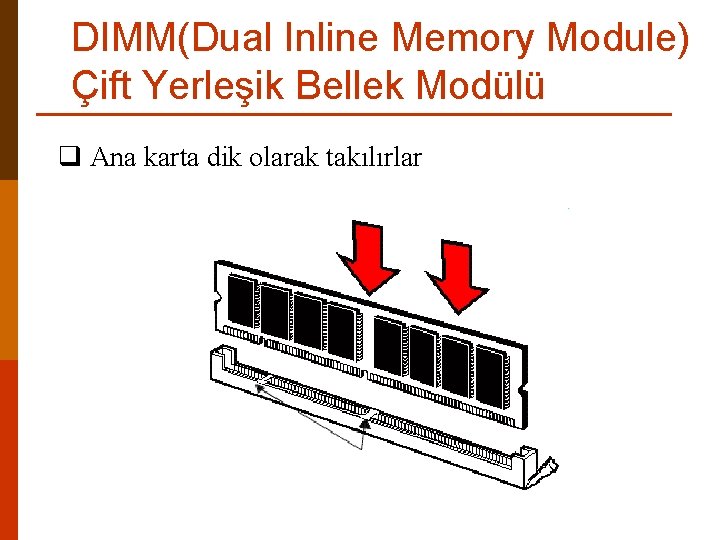 DIMM(Dual Inline Memory Module) Çift Yerleşik Bellek Modülü q Ana karta dik olarak takılırlar