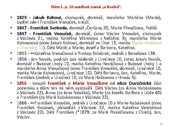 Dům č. p. 10 usedlost zvaná „u Kosíků“. • 1829 - Jakub Kohout, chalupník,