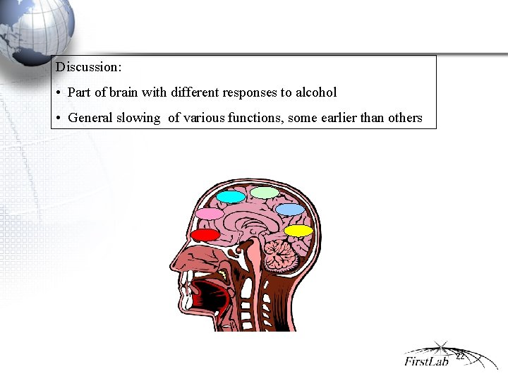 Discussion: • Part of brain with different responses to alcohol • General slowing of