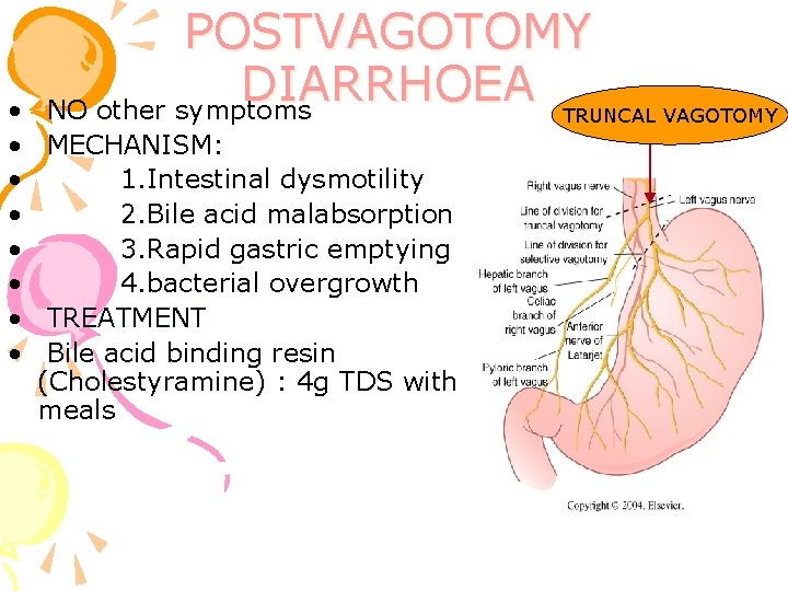 POSTVAGOTOMY DIARRHOEA NO other symptoms TRUNCAL VAGOTOMY • • MECHANISM: • 1. Intestinal dysmotility