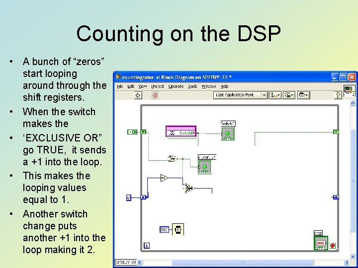 Counting on the DSP • A bunch of “zeros” start looping around through the