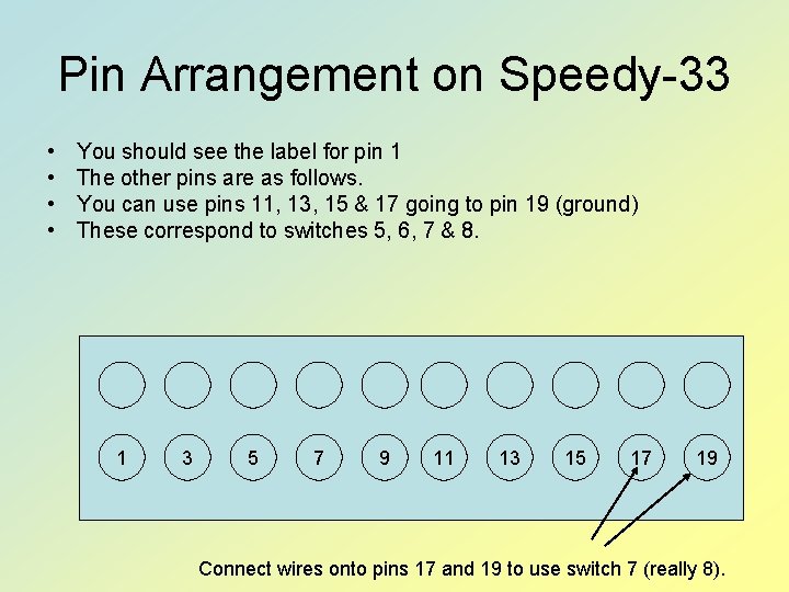 Pin Arrangement on Speedy-33 • • You should see the label for pin 1