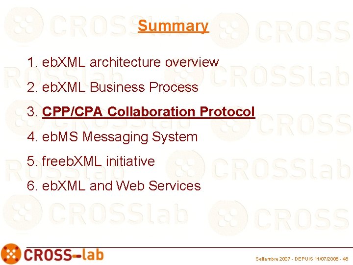 Summary 1. eb. XML architecture overview 2. eb. XML Business Process 3. CPP/CPA Collaboration