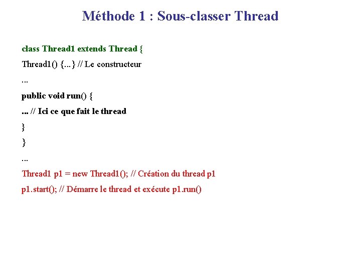 Méthode 1 : Sous-classer Thread class Thread 1 extends Thread { Thread 1() {.