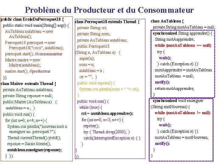 Problème du Producteur et du Consommateur public class Ecole. Du. Perroquet 18 { public