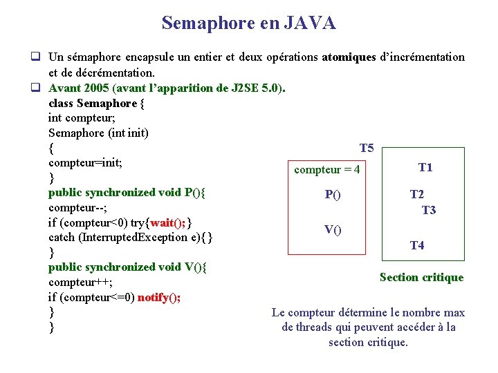 Semaphore en JAVA q Un sémaphore encapsule un entier et deux opérations atomiques d’incrémentation