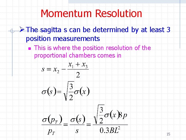 Momentum Resolution Ø The sagitta s can be determined by at least 3 position
