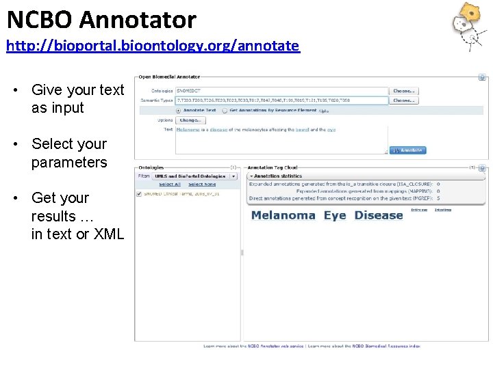 NCBO Annotator http: //bioportal. bioontology. org/annotate • Give your text as input • Select NCBO Annotator http: //bioportal. bioontology. org/annotate • Give your text as input • Select