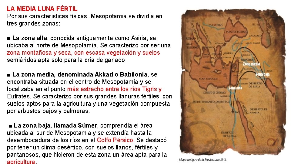 LA MEDIA LUNA FÉRTIL Por sus características físicas, Mesopotamia se dividía en tres grandes