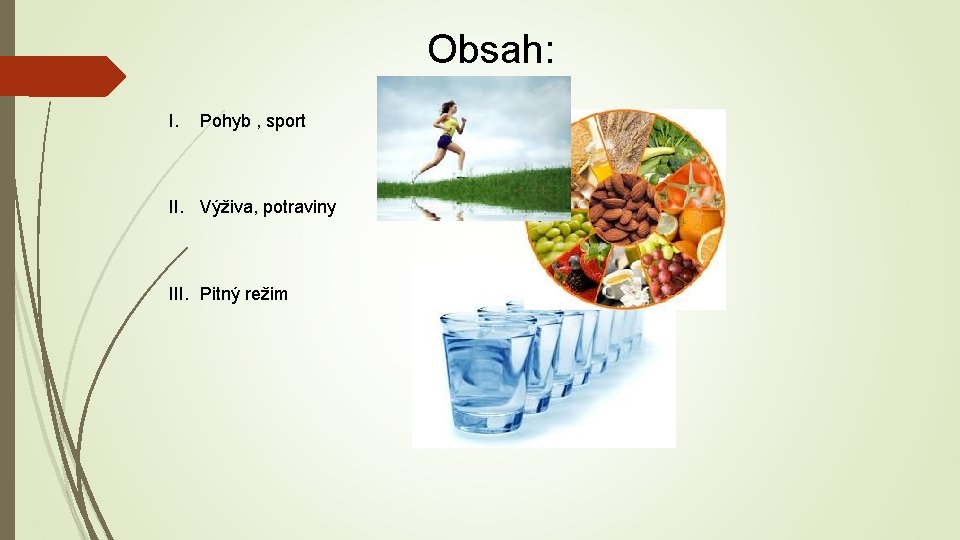 Obsah: I. Pohyb , sport II. Výživa, potraviny III. Pitný režim 