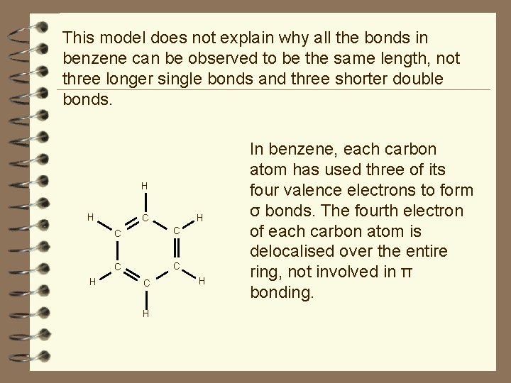 This model does not explain why all the bonds in benzene can be observed