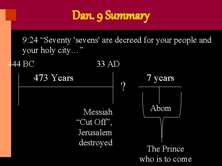 Dan. 9 Summary 9: 24 “Seventy 'sevens' are decreed for your people and your