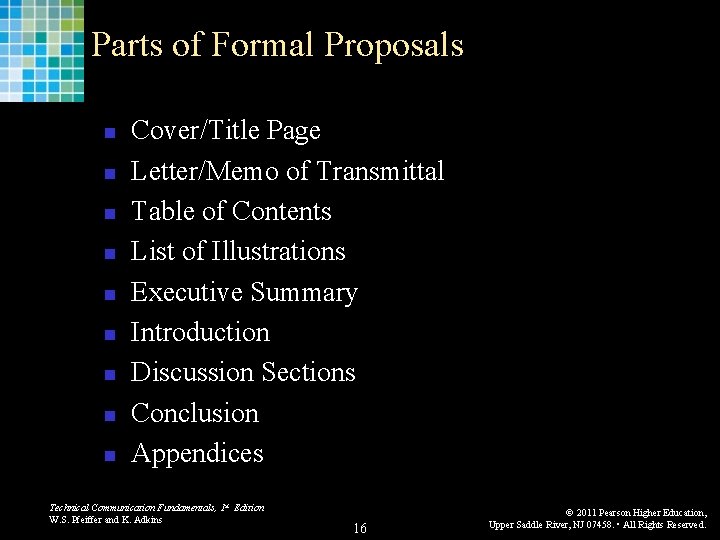 Parts of Formal Proposals n n n n n Cover/Title Page Letter/Memo of Transmittal