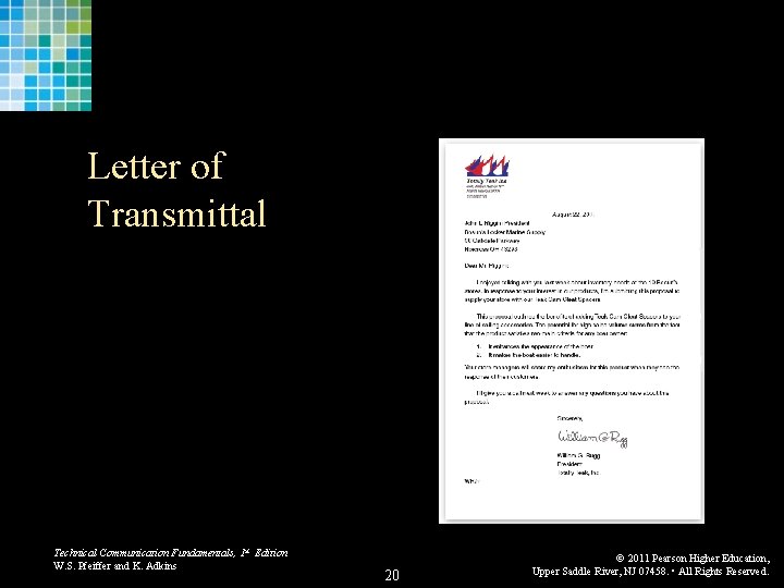 Letter of Transmittal Technical Communication Fundamentals, 1 st Edition W. S. Pfeiffer and K.