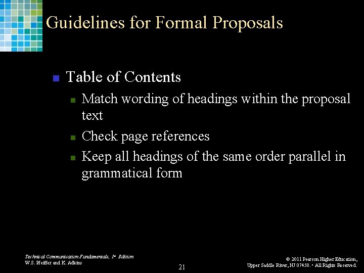 Guidelines for Formal Proposals n Table of Contents n n n Match wording of