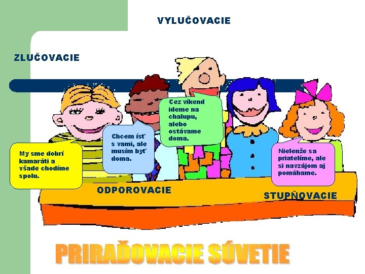 VYLUČOVACIE ZLUČOVACIE My sme dobrí kamaráti a všade chodíme spolu. Chcem ísť s vami,