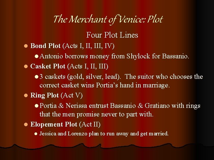 The Merchant of Venice: Plot Four Plot Lines Bond Plot (Acts I, III, IV)