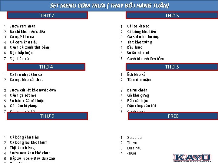 Set menu cơm văn phòng SET MENU CƠM TRƯA ( THAY ĐÔ I HA