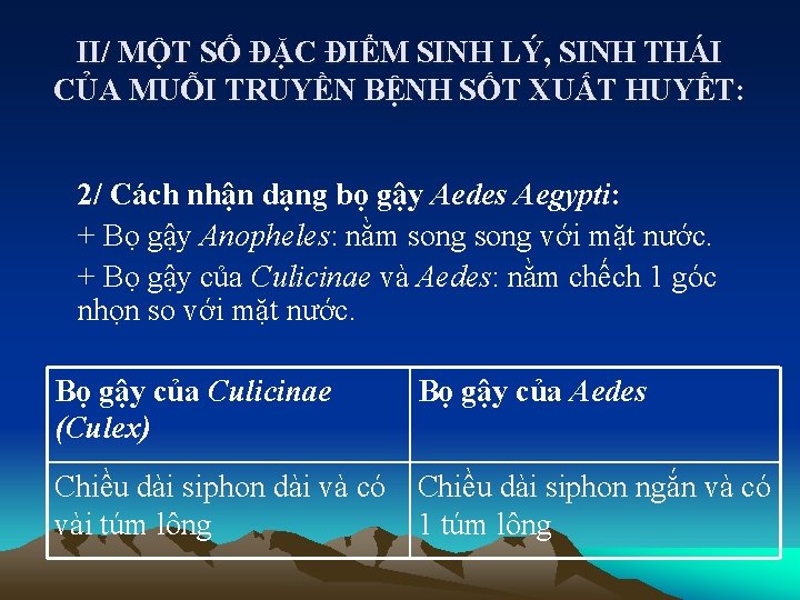 II/ MỘT SỐ ĐẶC ĐIỂM SINH LÝ, SINH THÁI CỦA MUỖI TRUYỀN BỆNH SỐT