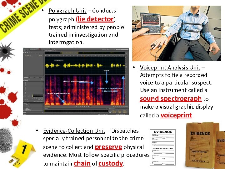  • Polygraph Unit – Conducts polygraph (lie detector) tests; administered by people trained