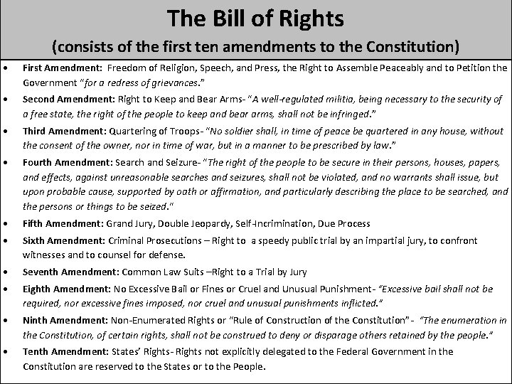 The Bill of Rights (consists of the first ten amendments to the Constitution) First The Bill of Rights (consists of the first ten amendments to the Constitution) First