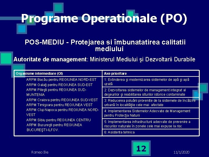 Programe Operationale (PO) POS-MEDIU - Protejarea si îmbunatatirea calitatii mediului Autoritate de management: Ministerul