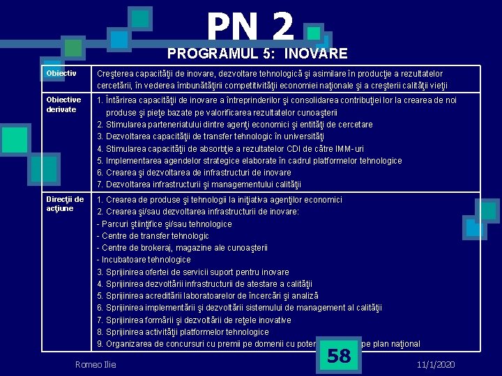 PN 2 PROGRAMUL 5: INOVARE Obiectiv Creşterea capacităţii de inovare, dezvoltare tehnologică şi asimilare