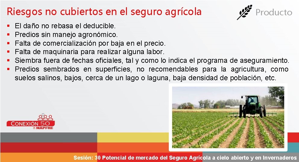 Riesgos no cubiertos en el seguro agrícola § § § Producto El daño no