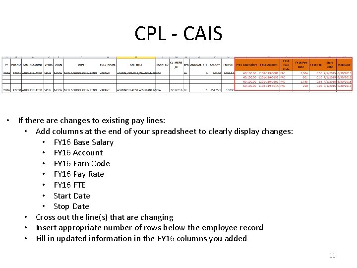CPL - CAIS • If there are changes to existing pay lines: • Add