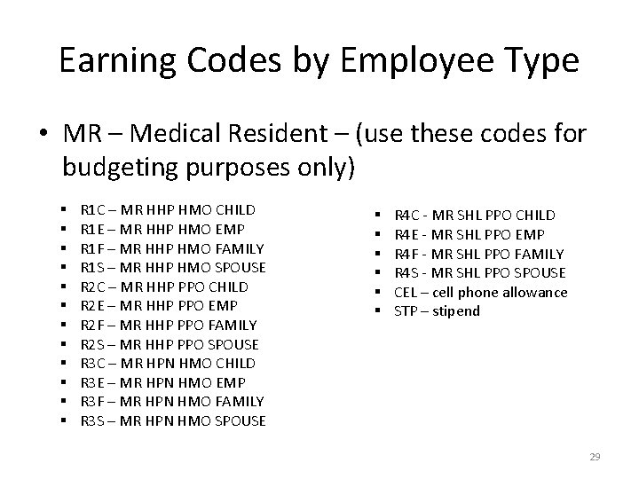 Earning Codes by Employee Type • MR – Medical Resident – (use these codes