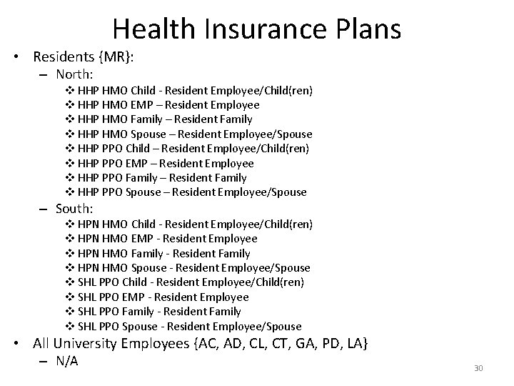 Health Insurance Plans • Residents {MR}: – North: v HHP HMO Child - Resident