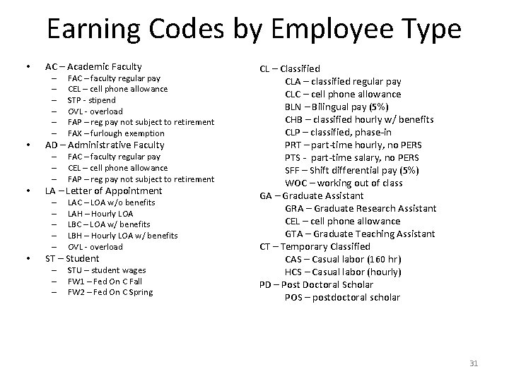 Earning Codes by Employee Type • AC – Academic Faculty – – – •