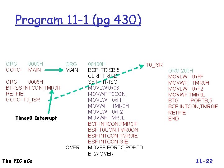 Program 11 -1 (pg 430) ORG GOTO 0000 H MAIN ORG 0008 H BTFSS