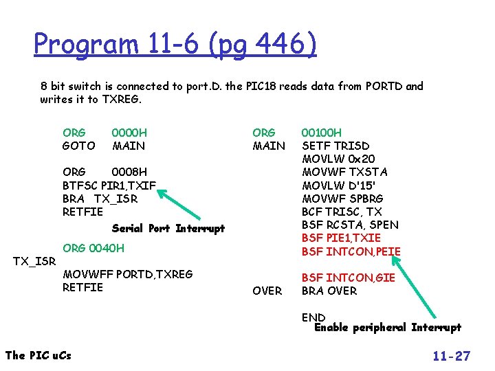 Program 11 -6 (pg 446) 8 bit switch is connected to port. D. the