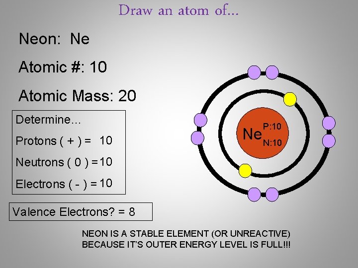 Draw an atom of… Neon: Ne Atomic #: 10 Atomic Mass: 20 Determine… Protons