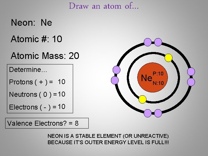 Draw an atom of… Neon: Ne Atomic #: 10 Atomic Mass: 20 Determine… Protons Draw an atom of… Neon: Ne Atomic #: 10 Atomic Mass: 20 Determine… Protons