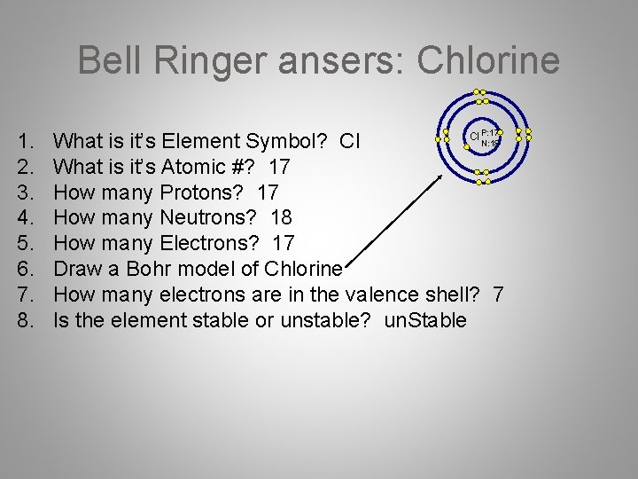 Bell Ringer ansers: Chlorine 1. 2. 3. 4. 5. 6. 7. 8. P: 17