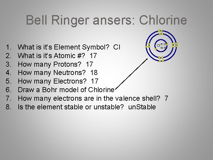 Bell Ringer ansers: Chlorine 1. 2. 3. 4. 5. 6. 7. 8. P: 17 Bell Ringer ansers: Chlorine 1. 2. 3. 4. 5. 6. 7. 8. P: 17