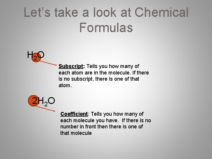 Let’s take a look at Chemical Formulas H 2 O Subscript: Tells you how Let’s take a look at Chemical Formulas H 2 O Subscript: Tells you how