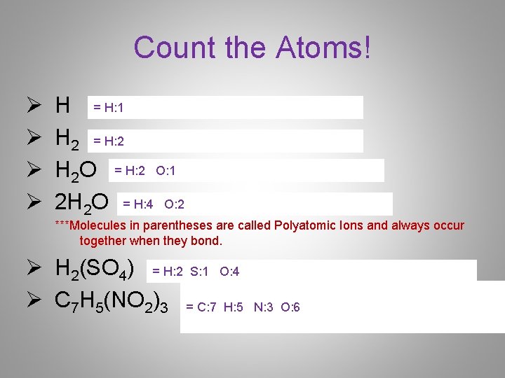 Count the Atoms! Ø Ø H = H: 1 H 2 = H: 2