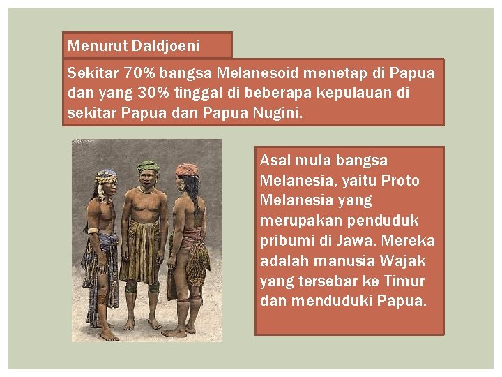 Menurut Daldjoeni Sekitar 70% bangsa Melanesoid menetap di Papua dan yang 30% tinggal di
