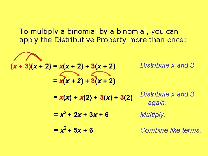 To multiply a binomial by a binomial, you can apply the Distributive Property more