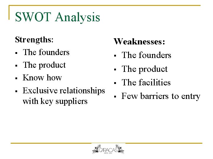 SWOT Analysis Strengths: Weaknesses: § The founders § The product § Know how § SWOT Analysis Strengths: Weaknesses: § The founders § The product § Know how §