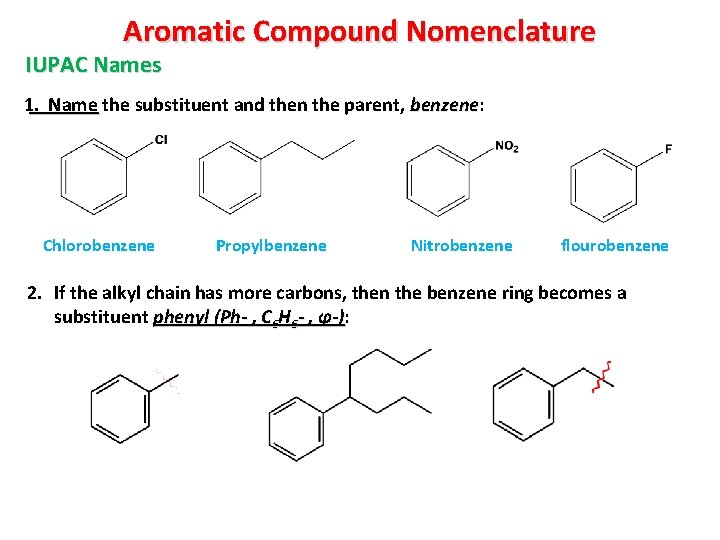 Aromatic Compound Nomenclature IUPAC Names 1. Name the substituent and then the parent, benzene: