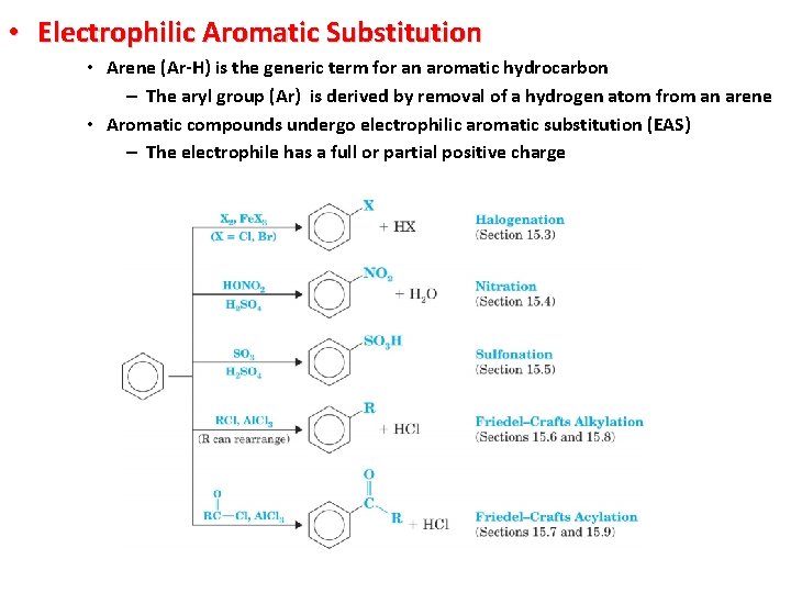  • Electrophilic Aromatic Substitution • Arene (Ar-H) is the generic term for an