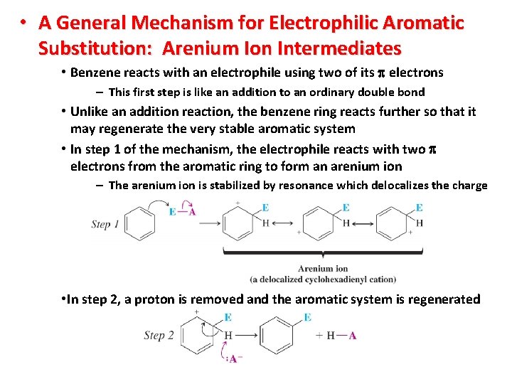  • A General Mechanism for Electrophilic Aromatic Substitution: Arenium Ion Intermediates • Benzene