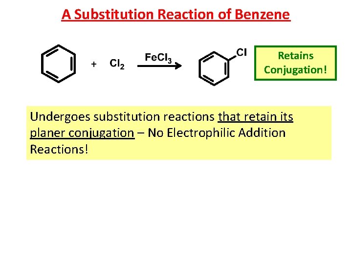 A Substitution Reaction of Benzene + Retains Conjugation! Undergoes substitution reactions that retain its