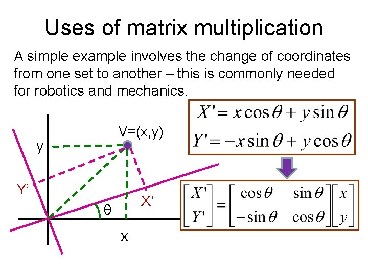 Uses of matrix multiplication A simple example involves the change of coordinates from one