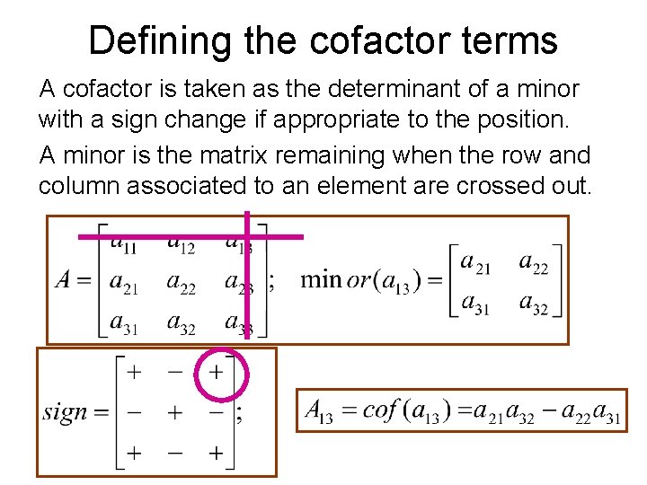 Defining the cofactor terms A cofactor is taken as the determinant of a minor